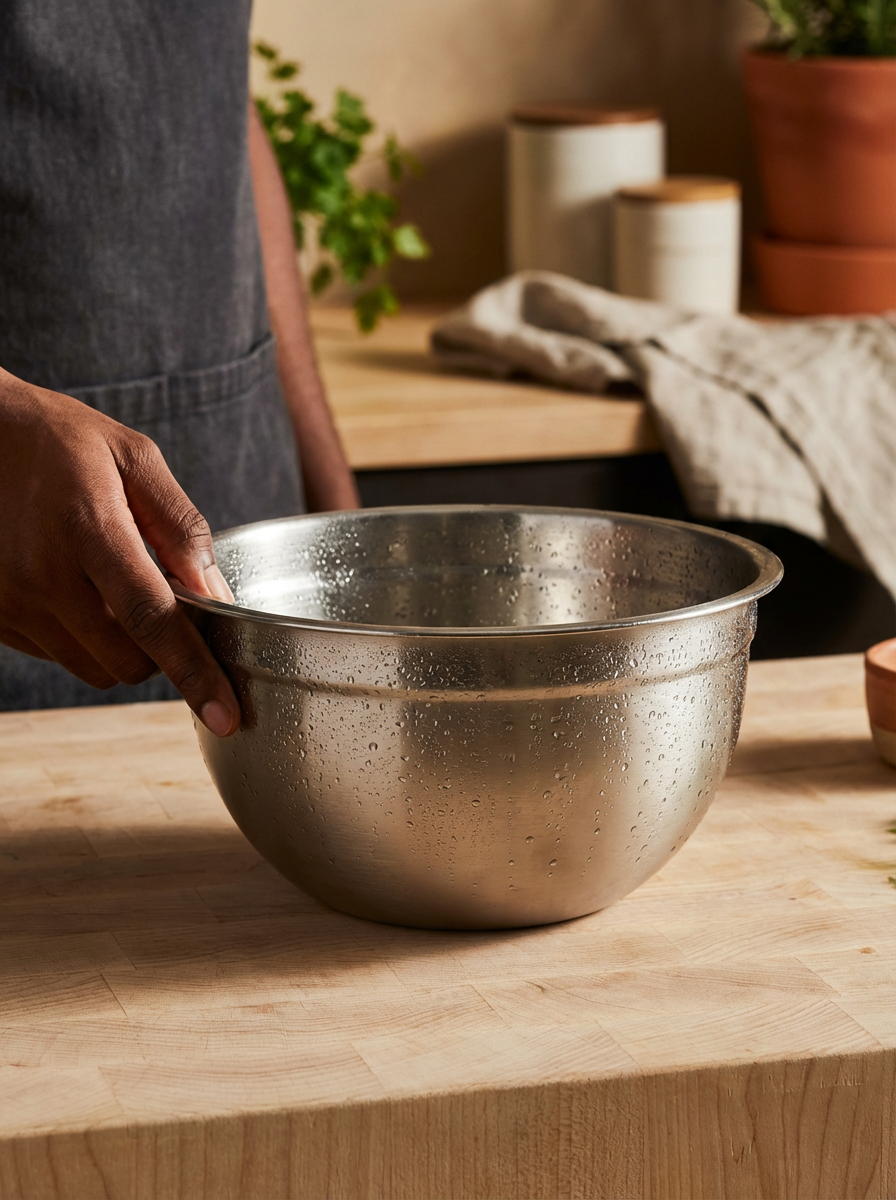 A person holding a stainless steel mixing bowl on a wooden kitchen counter, with condensation on the inside of the bowl.