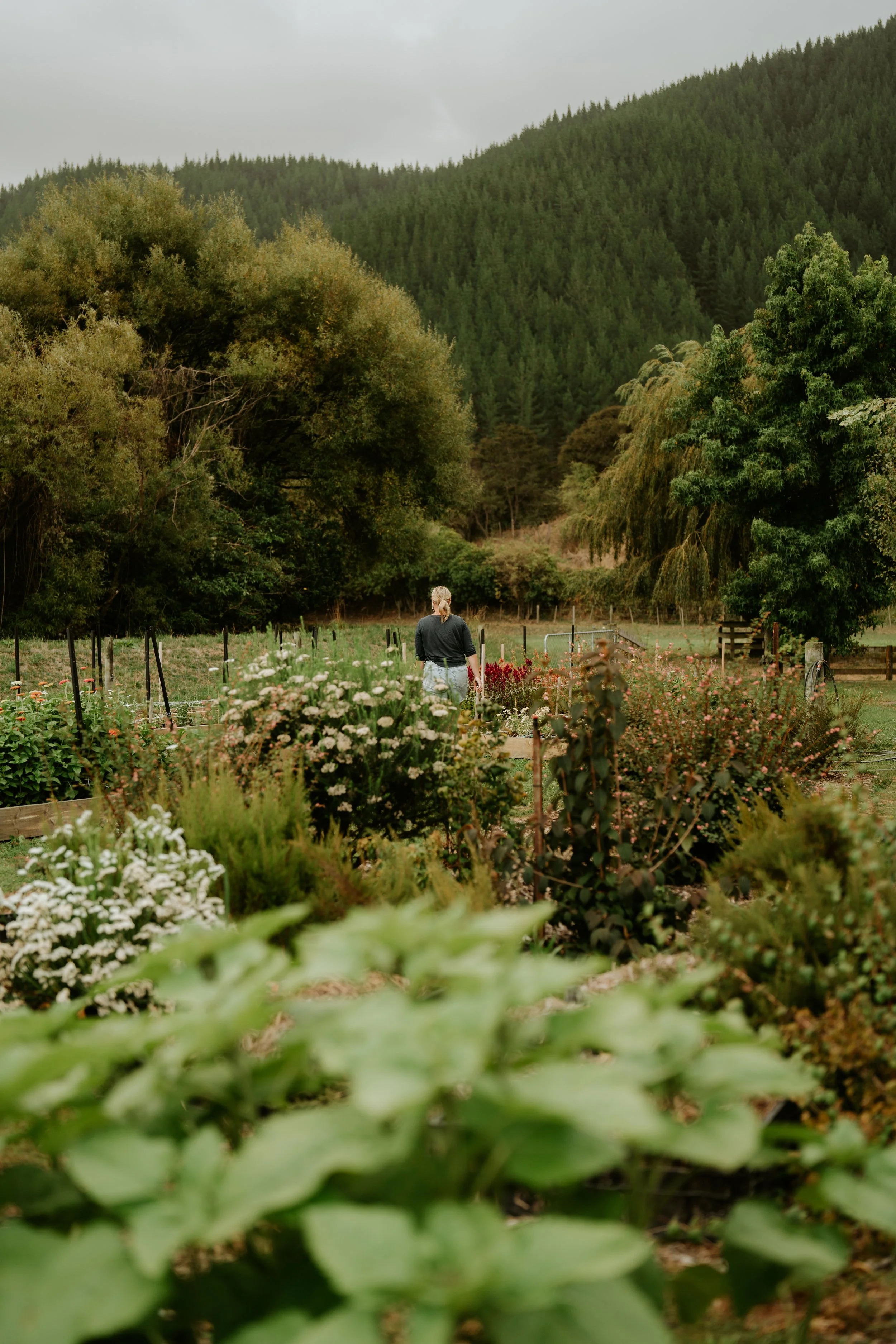 Woman walking through a flower garden surrounded by lush greenery and forested hills