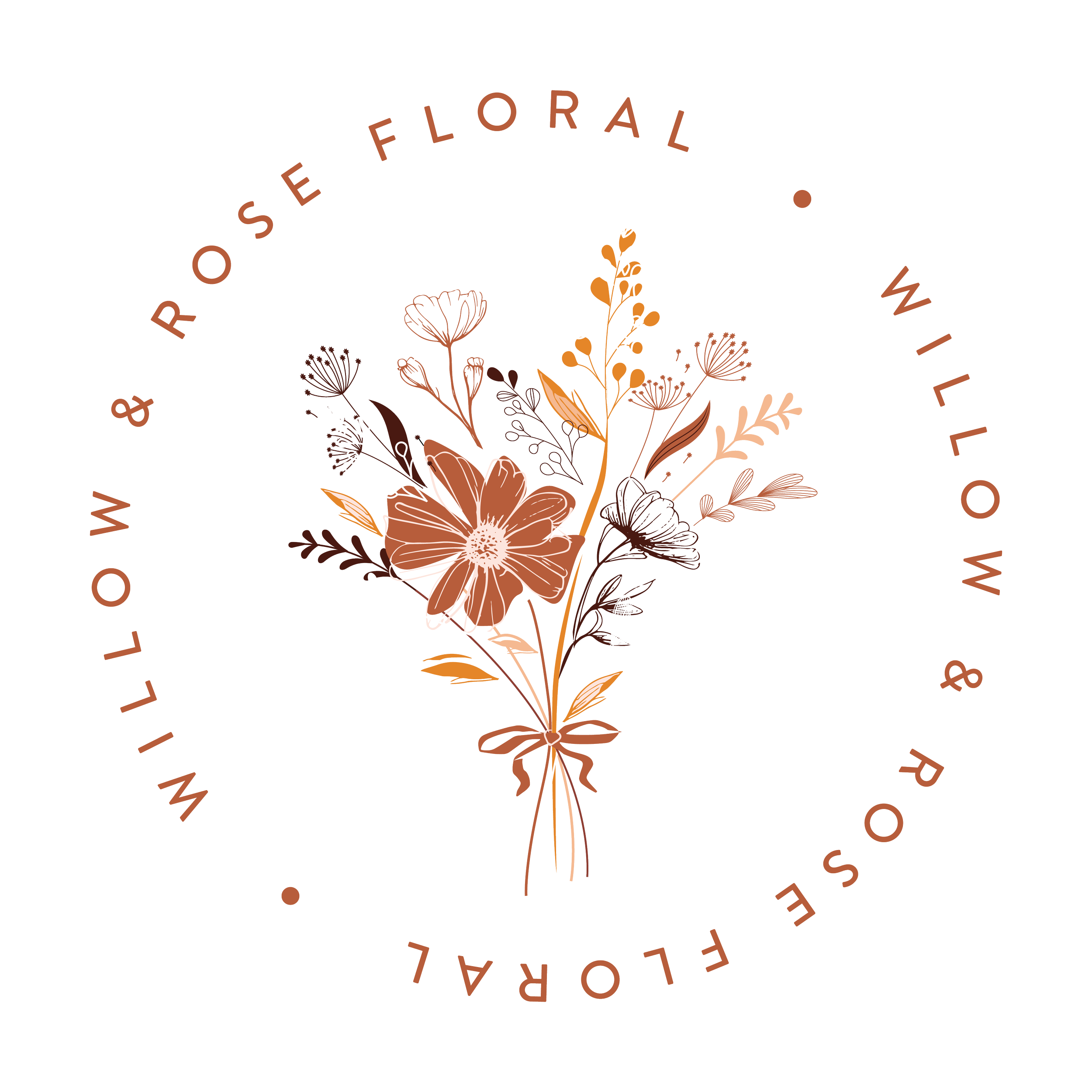 Stamp logo, illustrated flower bouquet with "Willow & Rose Floral" written in a circle around the bouquet.