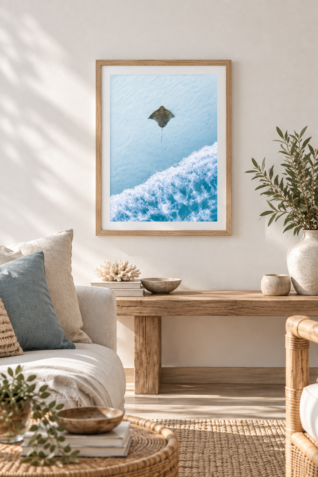 Sunlit Coastal Ray Art Living Room.png