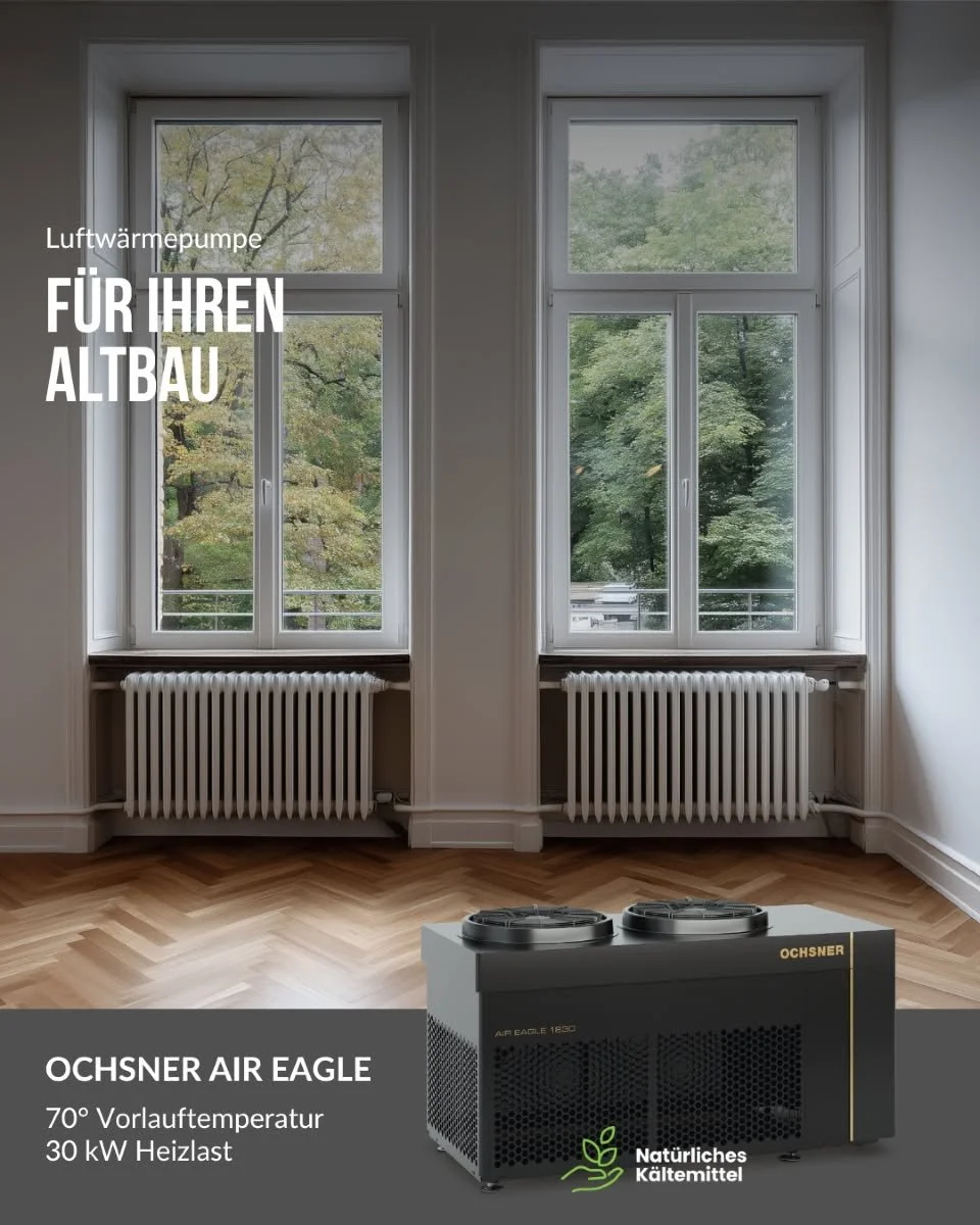 Innenansicht eines Zimmers mit zwei großen Fenstern, Heizkörpern und einem Luftwärmepumpen-Gerät von Ochsner im Vordergrund. Das Gerät wird als umweltfreundliches Kältemittel beworben.