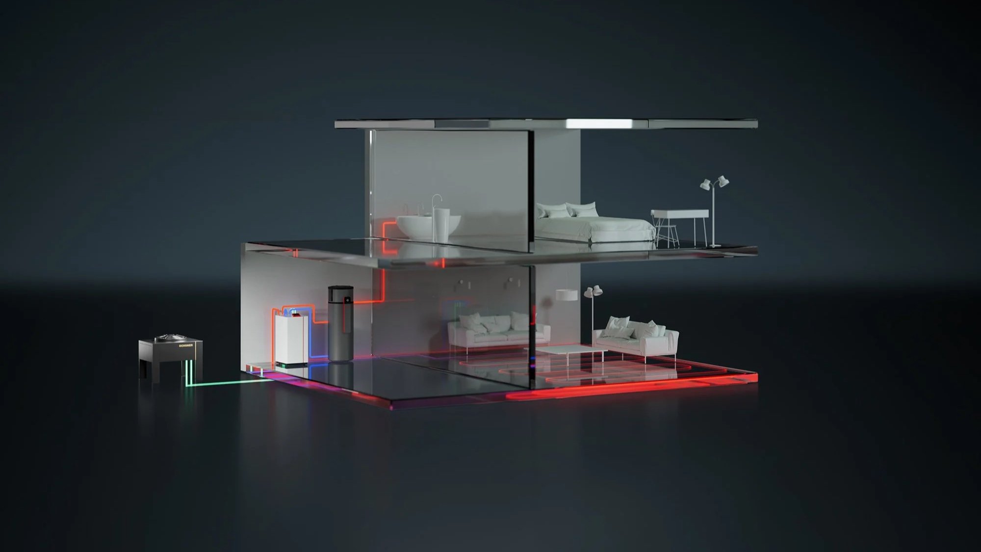 Schematische Darstellung eines energieeffizienten Hauses mit solaren und nachhaltigen Technologien, darunter Solarzellen, Wärmepumpe, Solarthermie, Batteriespeicher, und erneuerbare Energiequellen.