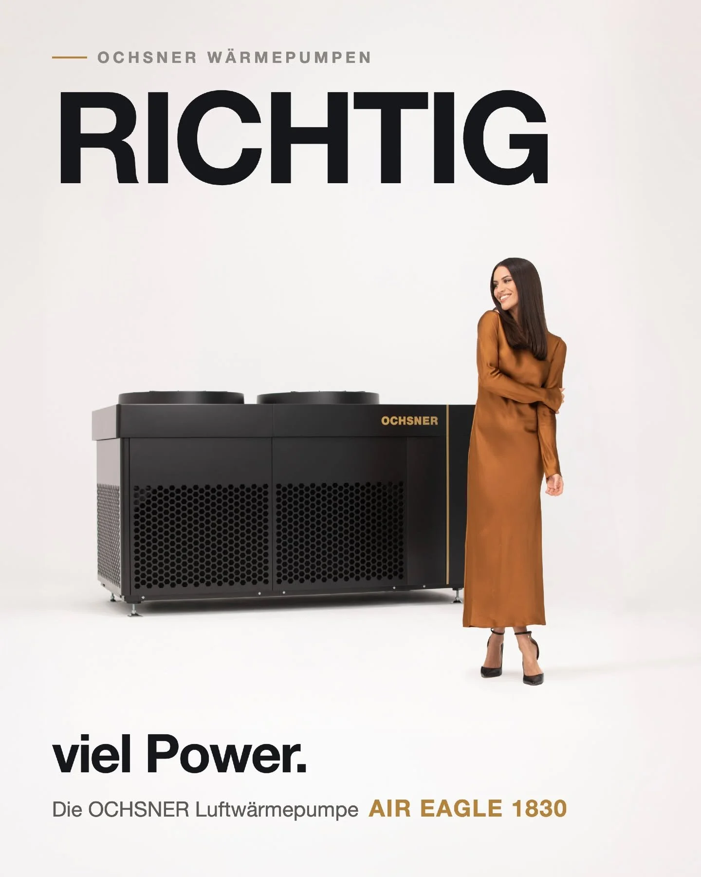 Ein Werbeplakat für die OCHSNER Luftwärmepumpe AIR EAGLE 1830, mit einer lachenden Frau in einem braunen Kleid neben der schwarzen Wärmepumpe, die auf einer weißen Seite mit schwarzen und goldenen Texten steht.