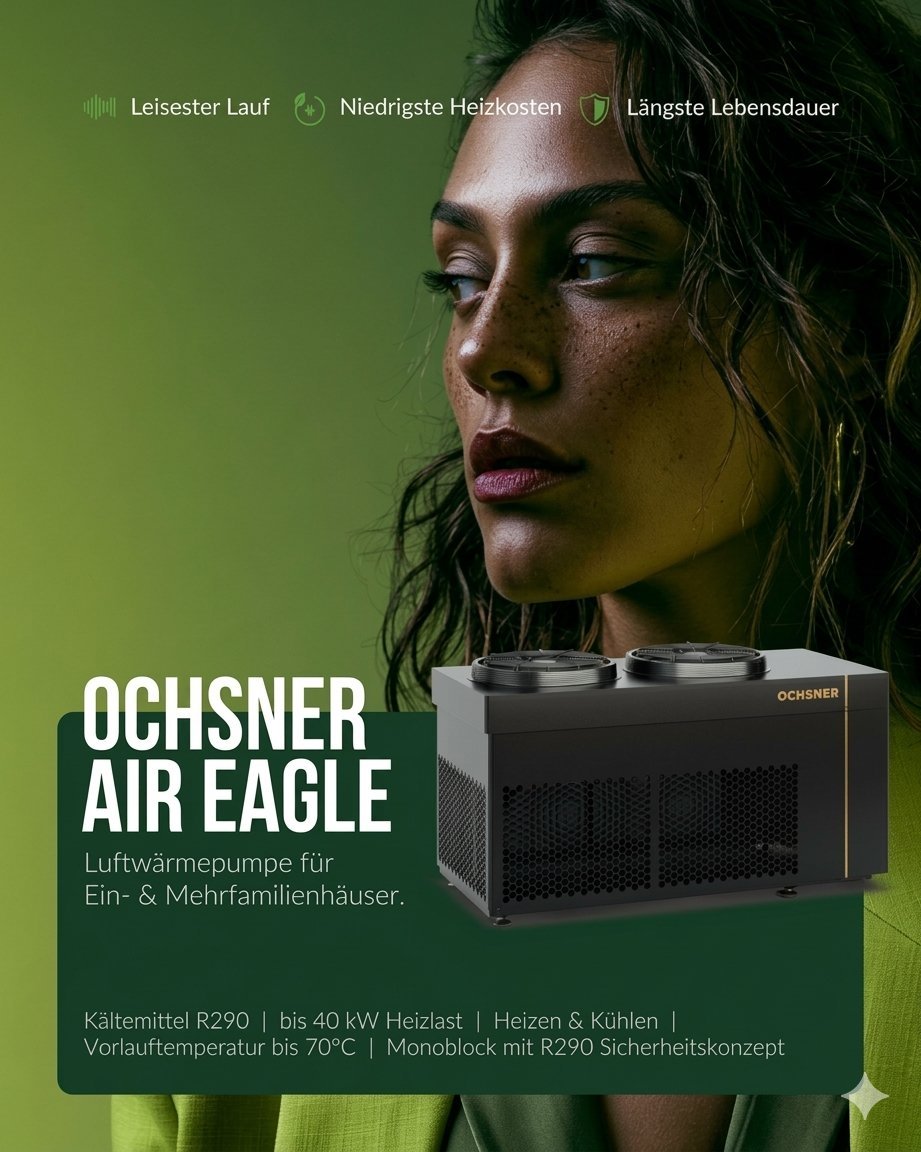 Werbeschild für Luftwärmepumpe Ochsner Air Eagle mit einer Frau im Hintergrund