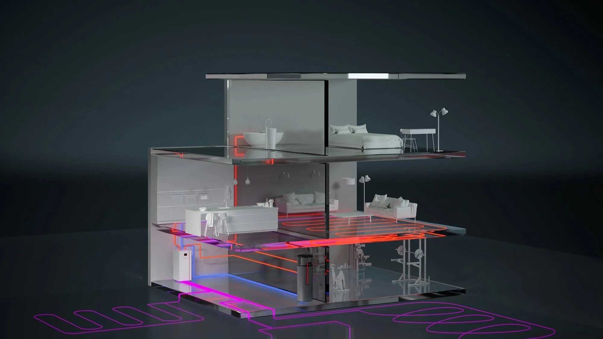 Schnitt durch ein mehrstöckiges Haus mit sichtbarer Haustechnik und Heizsystemen, dargestellt in einer digitalen Illustration mit farbigen Leitungen.