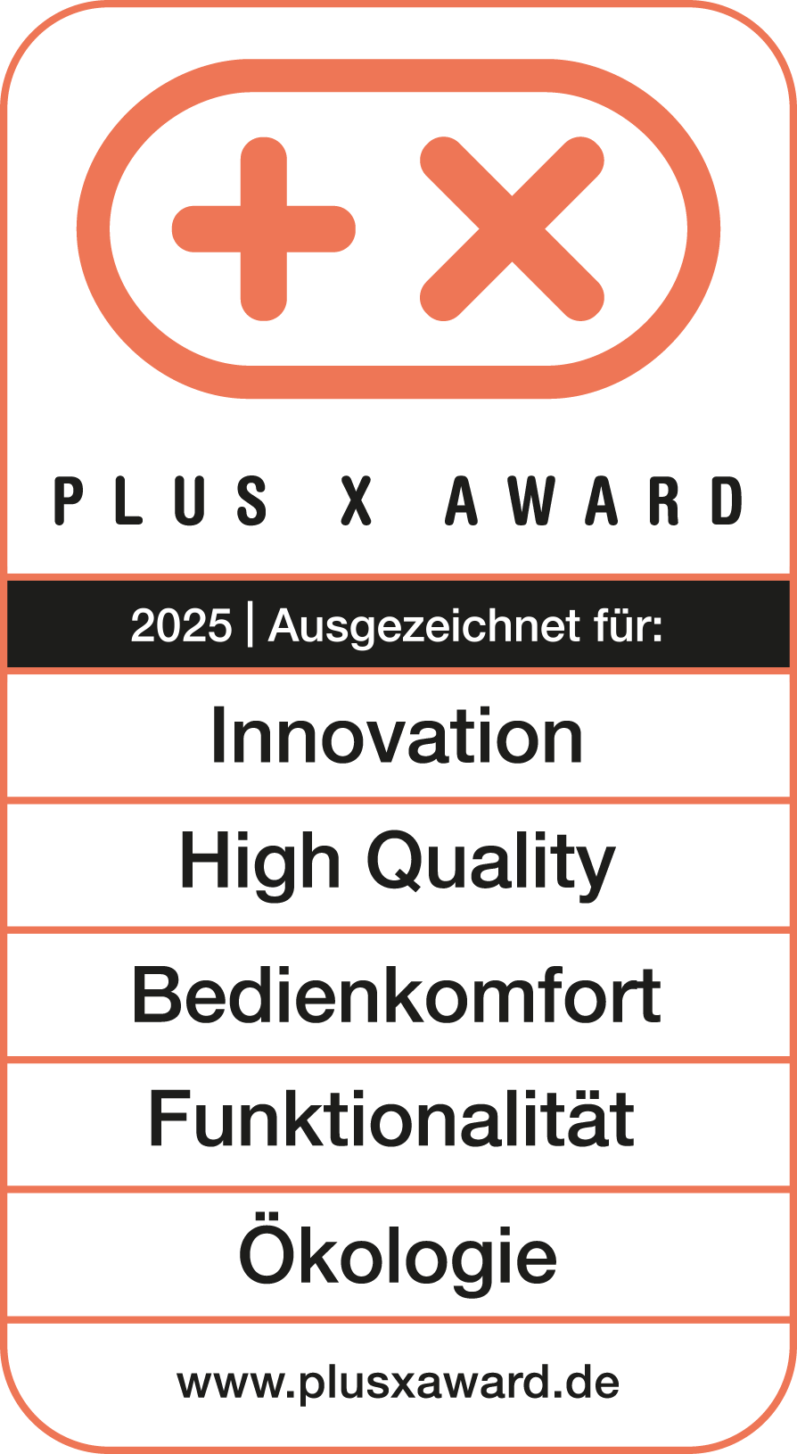 Grafik für den Plus X Award 2025, Auszeichnung für Innovation, hohe Qualität, Bedienkomfort, Funktionalität und Ökologie, Webseite www.plusxaward.de
