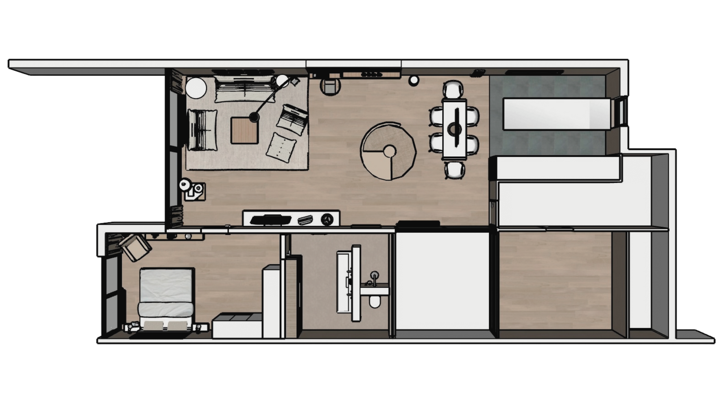 Grundriss eines Hauses mit Wohnzimmer, Essbereich, Schlafzimmer und Badezimmer.