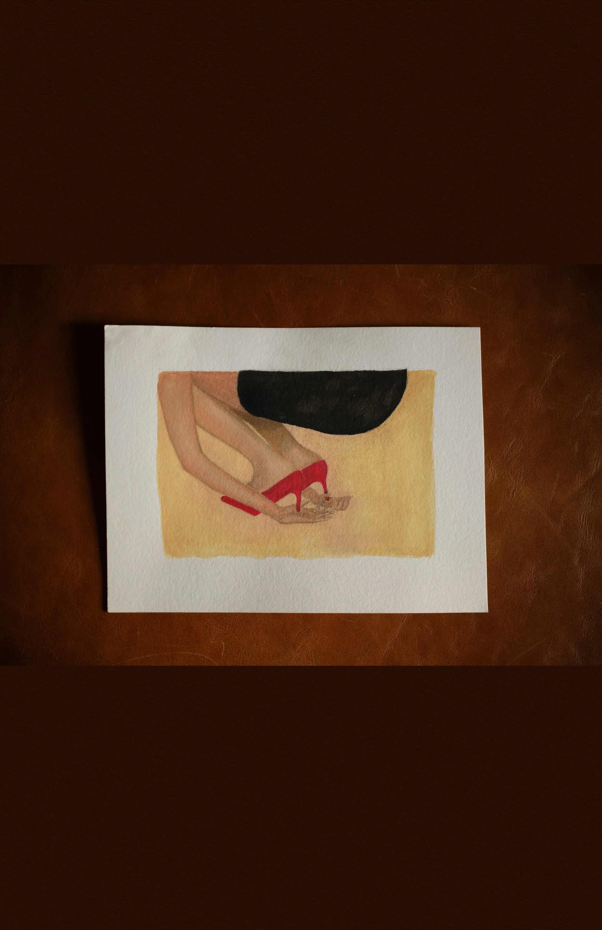 Watercolor painting of a woman with long hair, wearing black sunglasses and red high heels, sitting on a beige background.