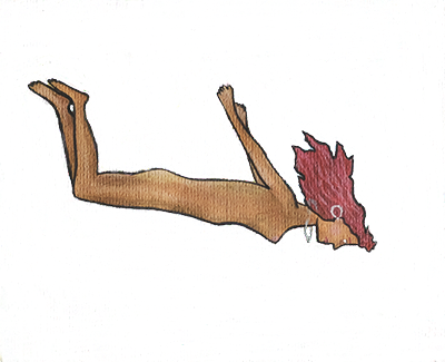 A cartoon drawing of a person lying on the ground with a pinkish-brown body, red hair, and arms stretched out. The background features clouds and a starry night sky.