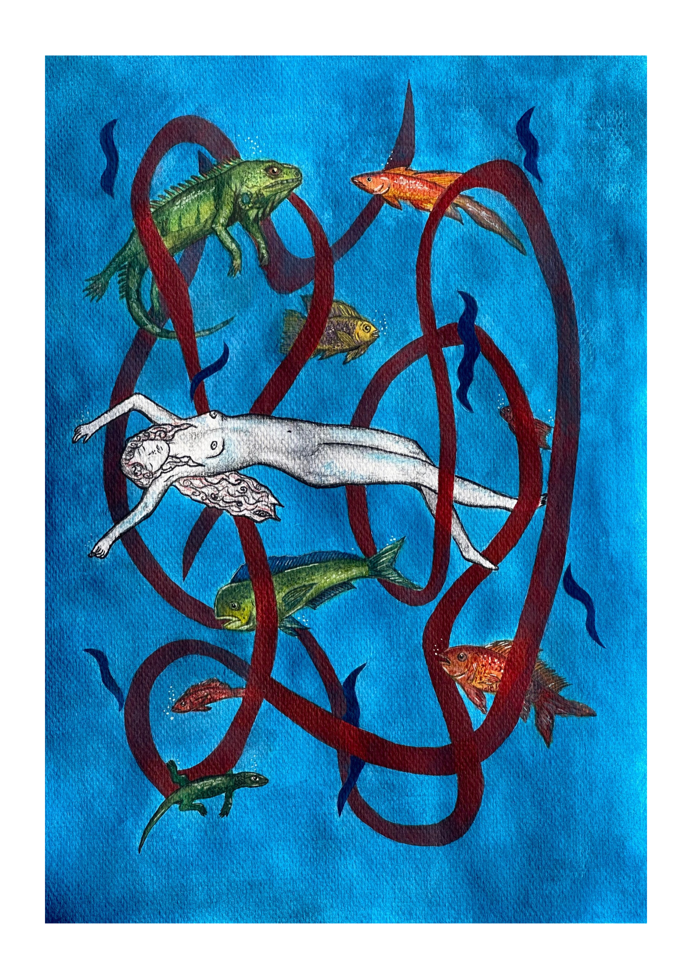 Colorful illustration of fish and aquatic creatures swimming among red seaweed against a blue background.