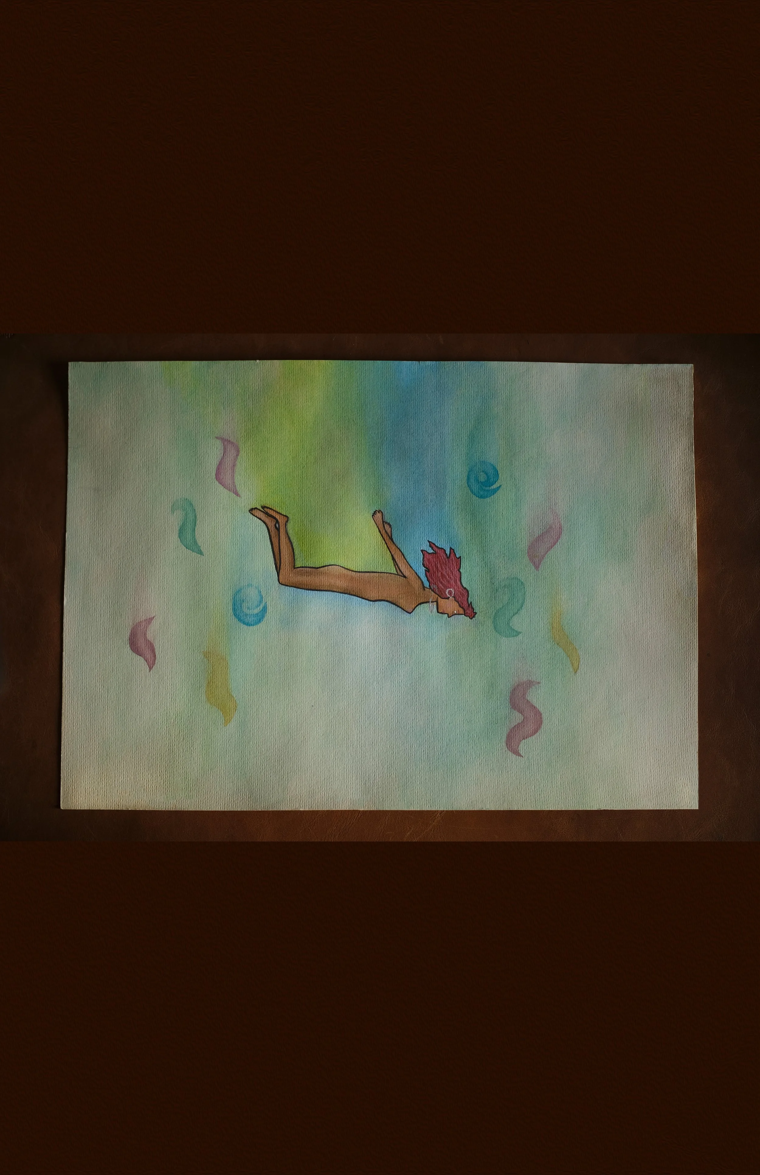 Watercolor painting of a brown dog with a red mane, surrounded by colorful swirls and pastel background.