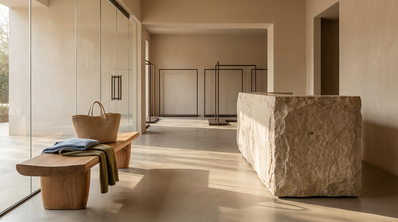 Modern minimalist interior with a large stone slab counter, wooden bench with a bag and clothes, glass walls, and clothing racks in the background, illuminated by natural sunlight.
