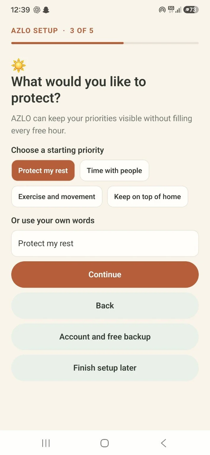 AZLO priorities setup with choices for rest, time with people, exercise and home.