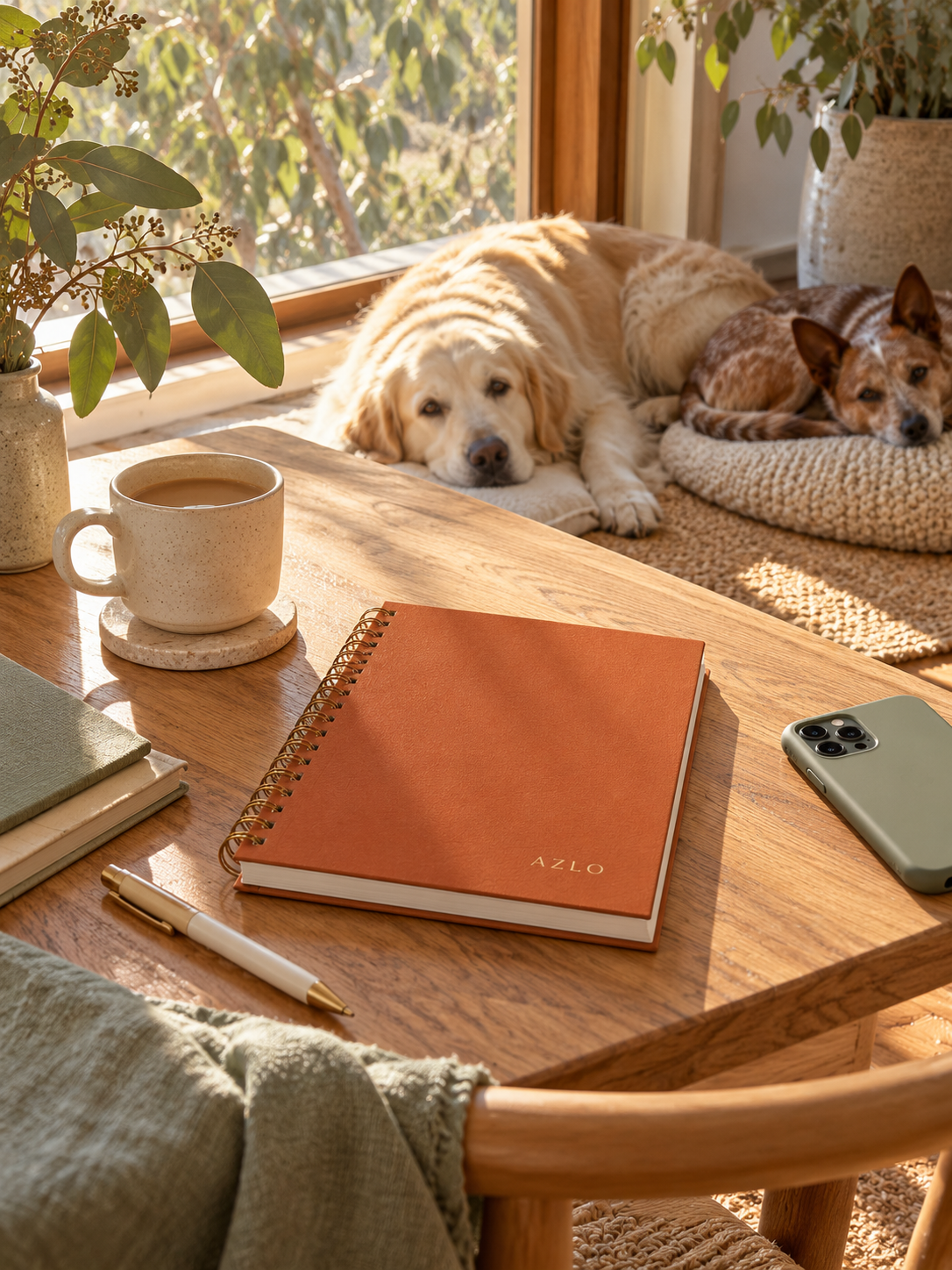 AZLO-inspired planning scene with a burnt orange planner, a phone, a golden retriever and a red heeler.