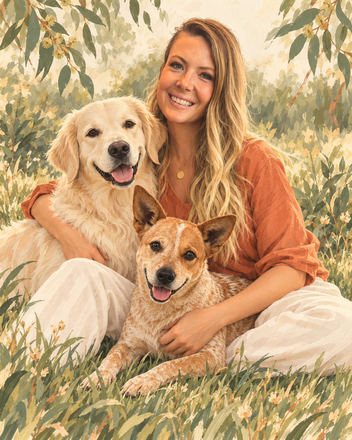 Illustration of Alex, founder of AZLO, cuddling Harley, her pale golden retriever, and Nala, her red heeler.
