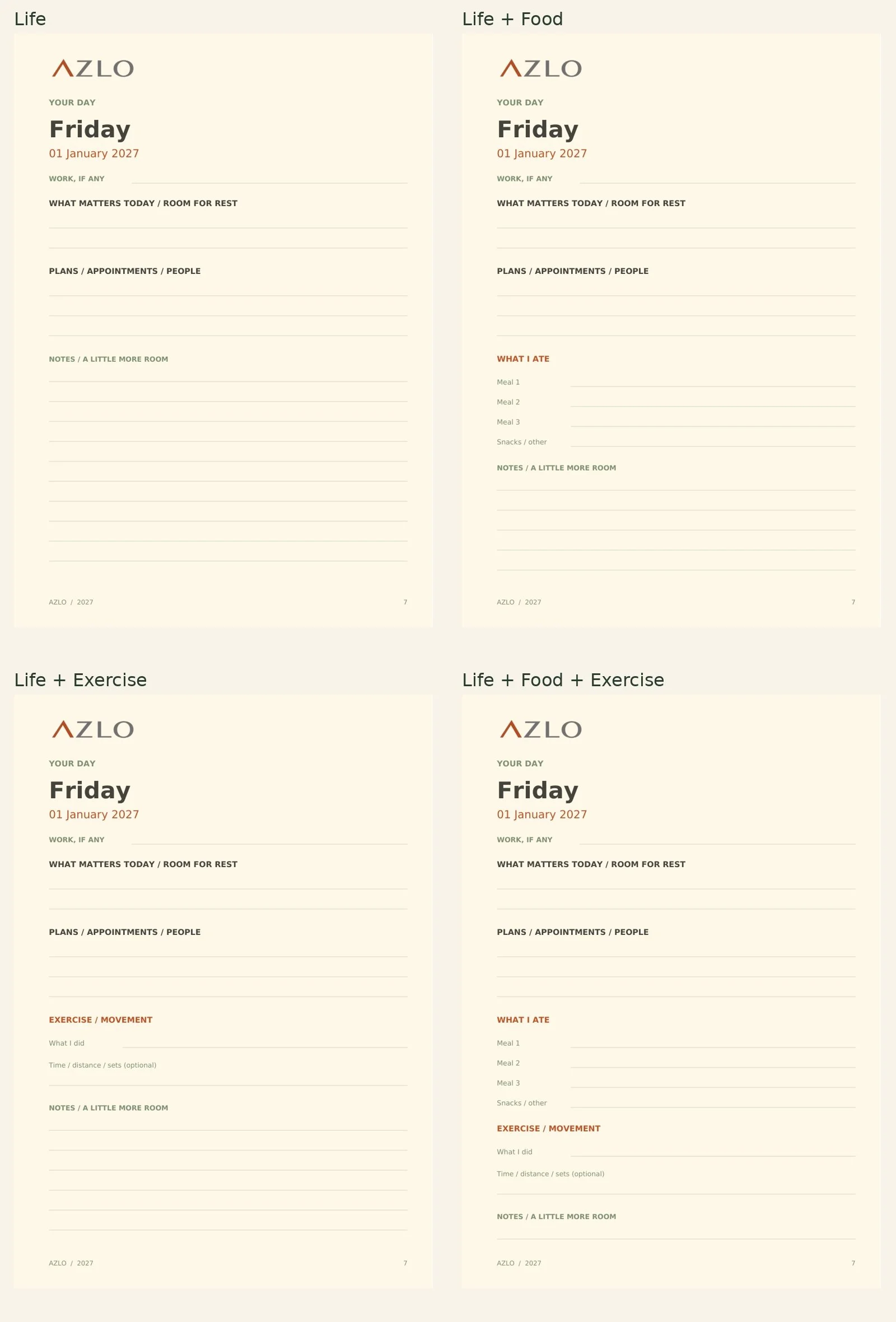 Actual 2027 planner daily interiors: Life, Life plus Food, Life plus Exercise, and Life plus Food and Exercise.