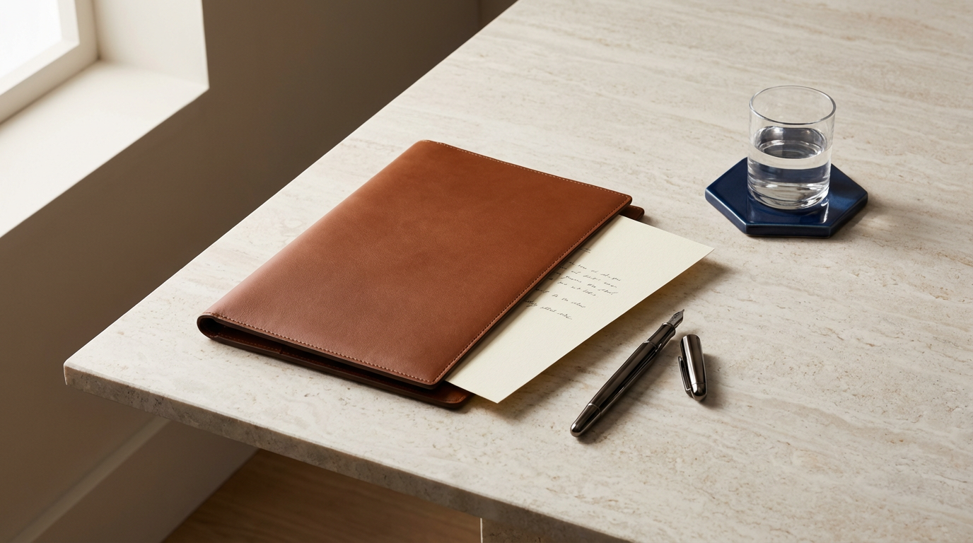 A leather folder, a sheet of paper with typed text, a black fountain pen with its cap off, and a glass of water on a blue hexagonal coaster on a light-colored marble table near a window.