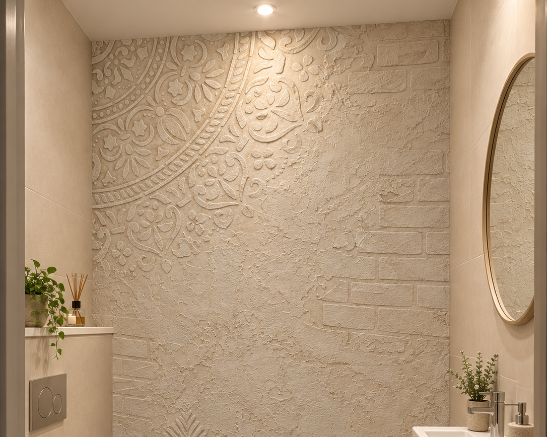 Un mur de salle de bain avec un motif en relief en haut à gauche, une petite étagère avec un pot de plante et un diffuseur d'arômes, un miroir rond au mur, et un lavabo avec un porte-savon.