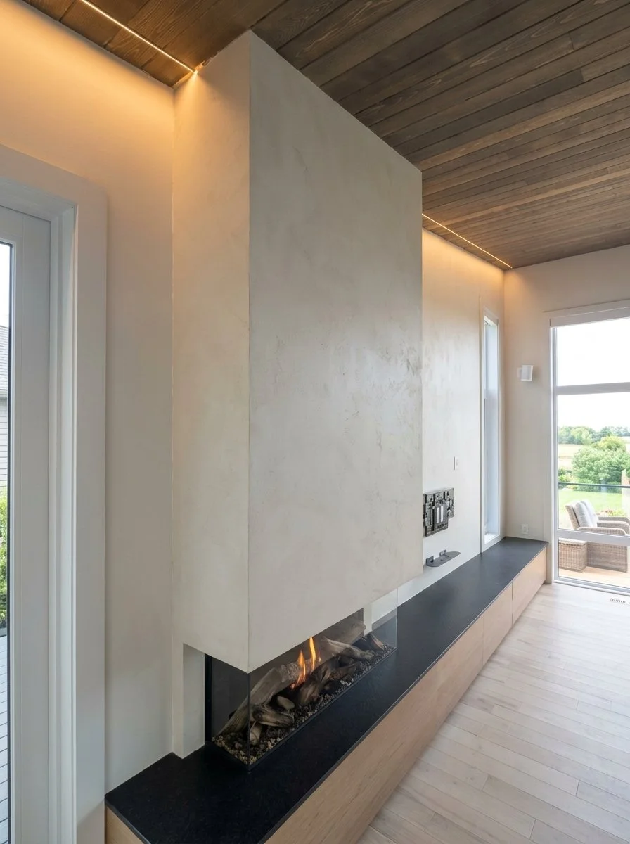 Cheminée moderne encastrée dans un mur blanc avec un plafond en bois, lumière indirecte sur le plafond, grande fenêtre laissant entrer la lumière naturelle, terrasse extérieure avec mobilier.