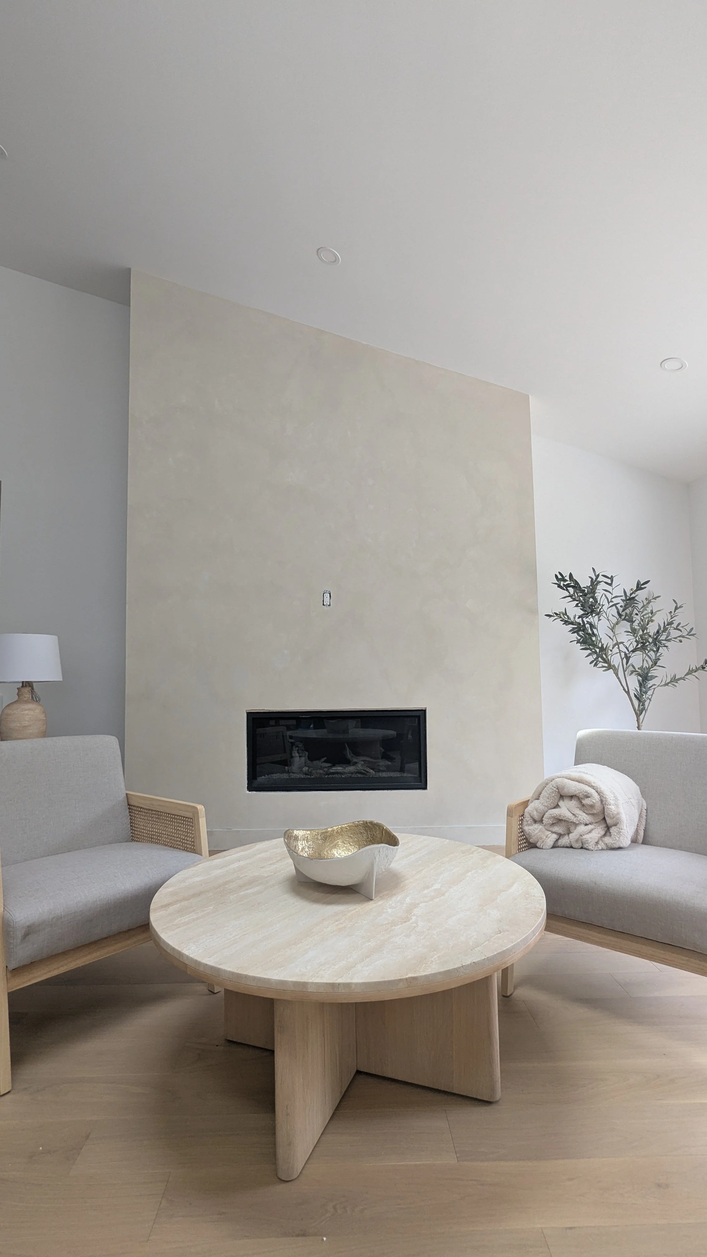 Salon moderne avec un mur beige, un foyer encastré, deux sofas gris, une table basse en bois clair, une lampe de table, un arbre d'intérieur et un plaid beige sur un sofa.
