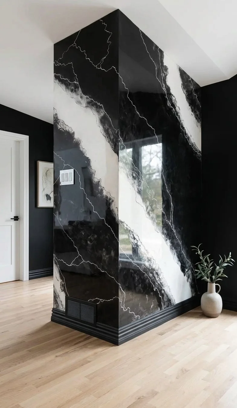 Mur en marbre noir et blanc avec éclairs peints, au coin de la pièce, avec un vase de plantes verte à côté.