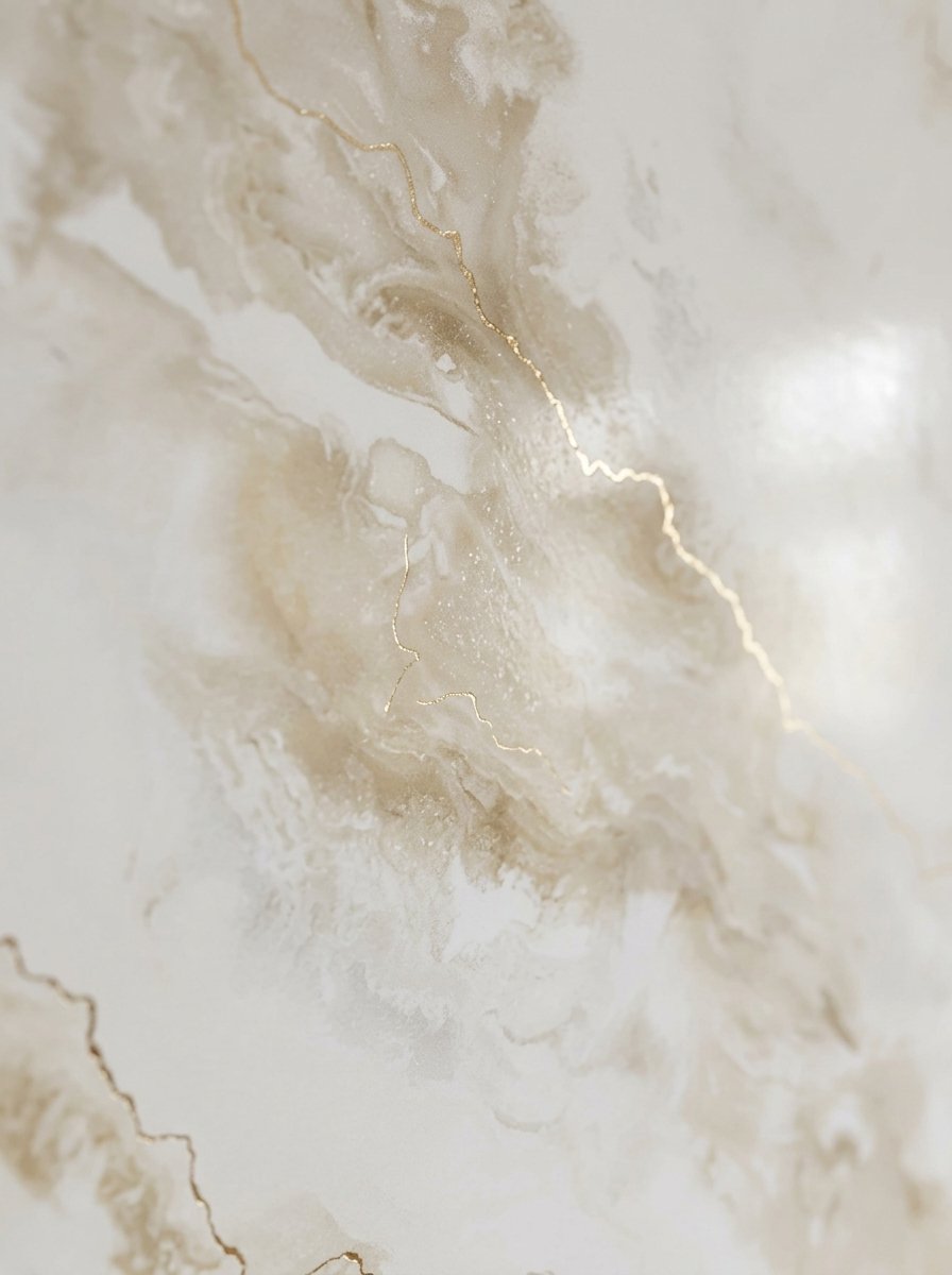 Décor mural abstrait en beige, blanc et or avec textures et lignes métalliques