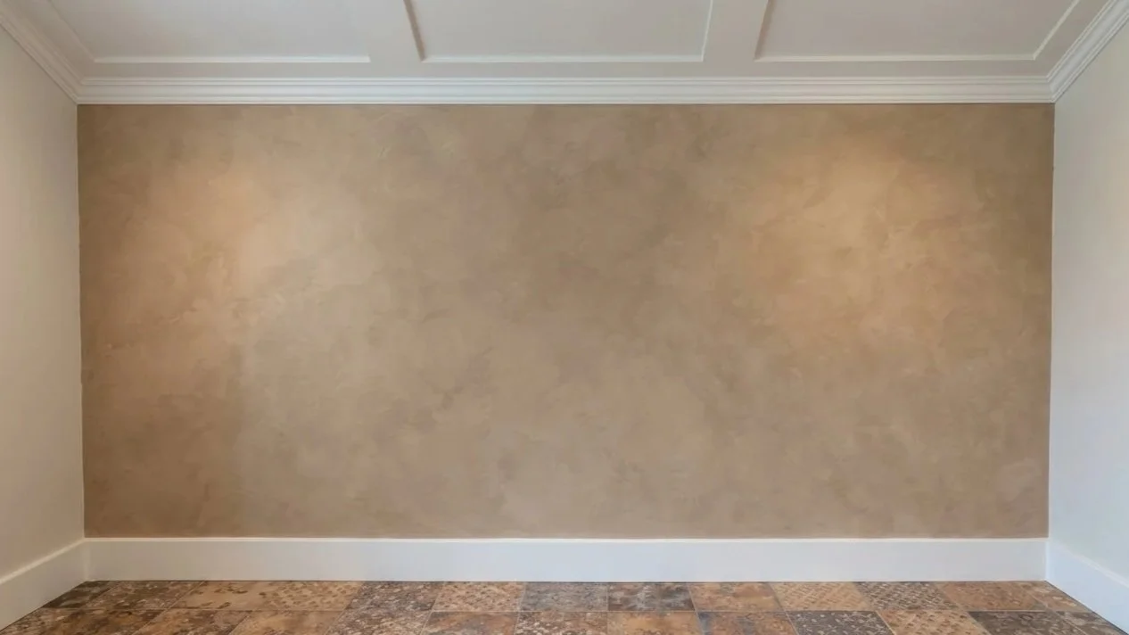 Une pièce avec un mur beige texturé, un plafond blanc avec moulures, et un sol en carreaux de différentes couleurs.
