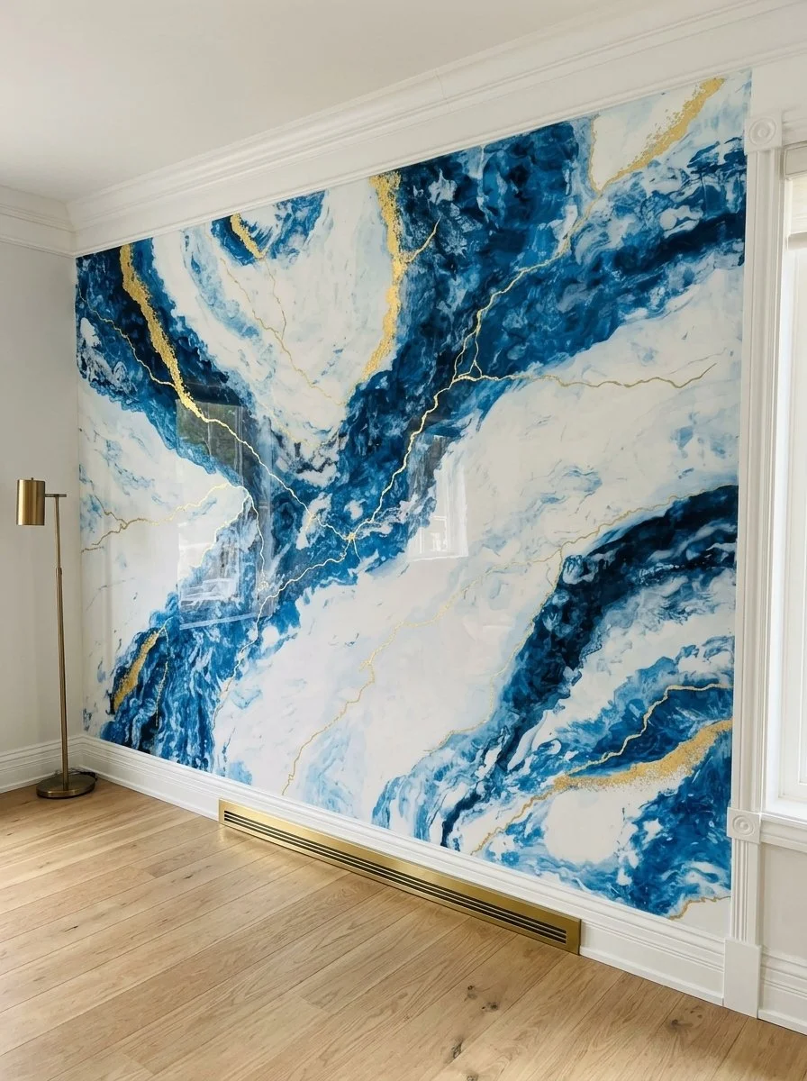 Une grande peinture abstraite représentant des vagues bleues, blanches et or qui couvre tout un mur intérieur. La pièce a un sol en bois clair et une lampe sur pied à gauche.