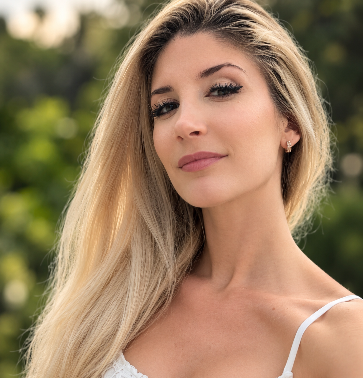 Portrait d'une femme blonde avec des yeux maquillés, portant des boucles d'oreilles en or et un haut blanc, en extérieur avec un fond flou de verdure.