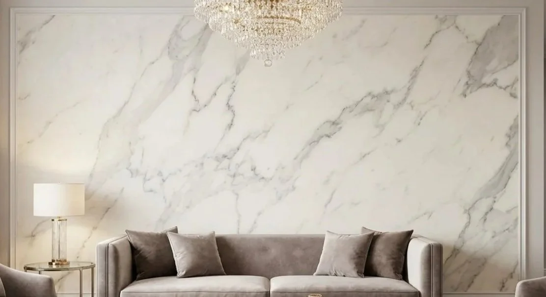 Un salon élégant avec un mur en marbre blanc, un canapé gris clair avec des coussins, une lampe de table et un lustre en cristal suspendu au plafond.