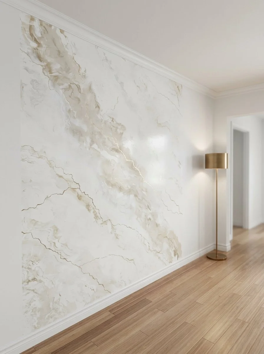 Mur blanc avec un motif en marbre beige et doré, un lampadaire doré à côté, plancher en bois clair.