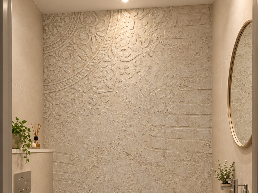 Mur en relief avec motifs géométriques et floraux dans une salle de bain, miroir rond, plantes décoratives, éclairage encastré.