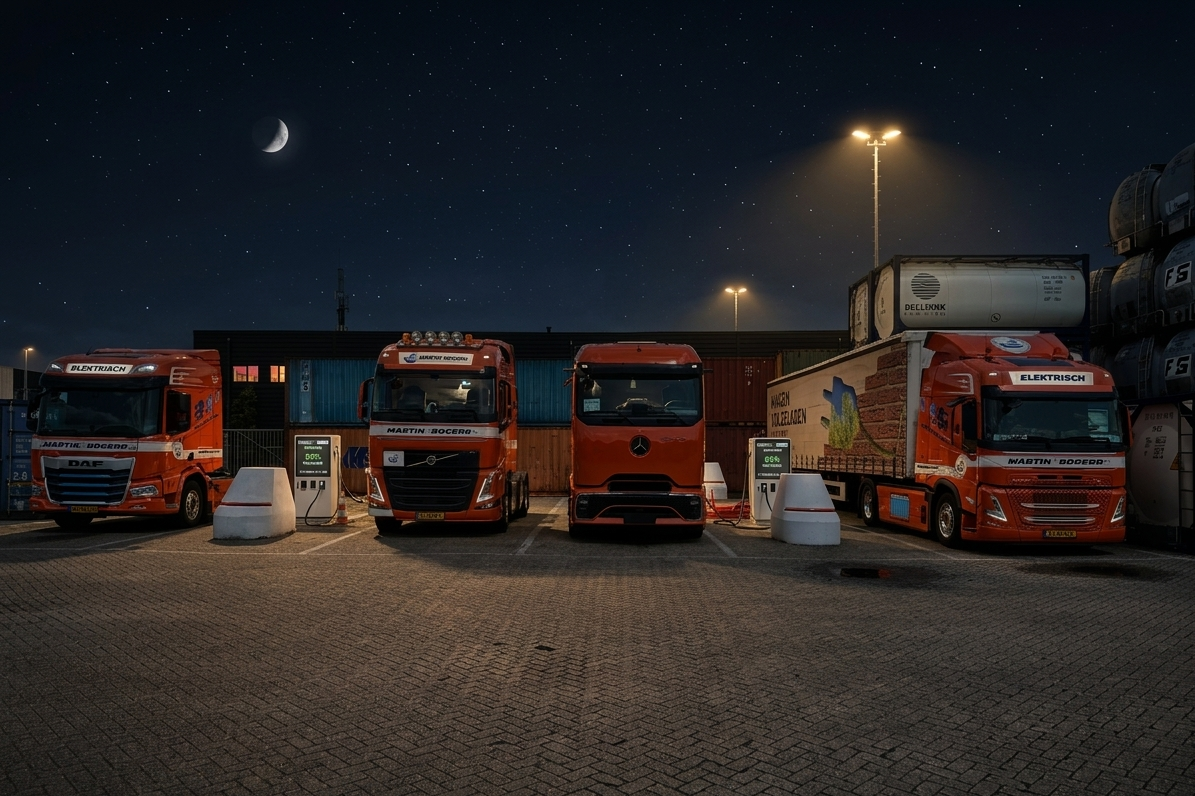 Vijf vrachtwagens die elektrisch worden opgeladen in een laadstation 's avonds met een nachtelijke hemel en de maan op de achtergrond.