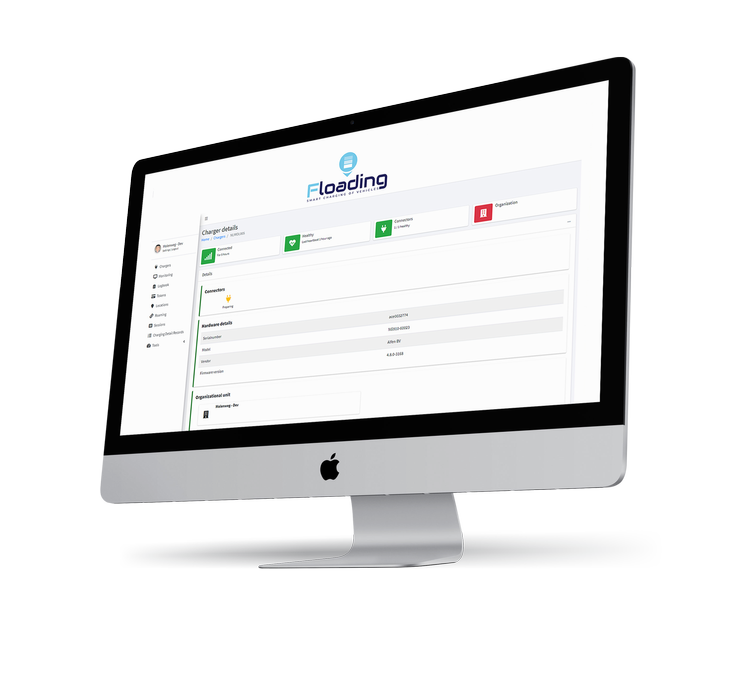 Een computerscherm dat de Floading software dashboard toont, met opties voor laadgegevens en klantdetails.