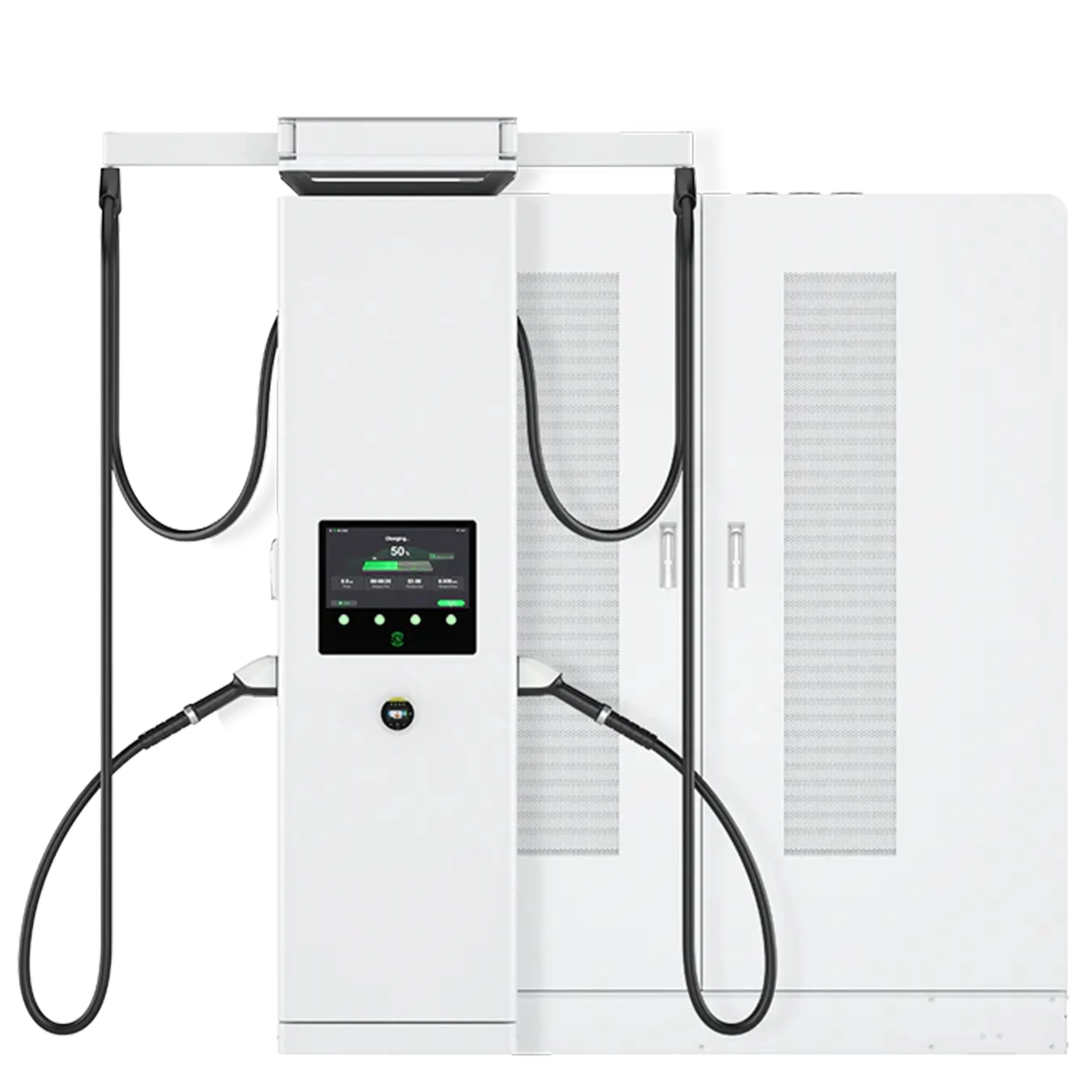 Een wit elektrisch laadstation met twee laadkabelaansluitingen, een touchscreen display dat 50% batterijstatus toont