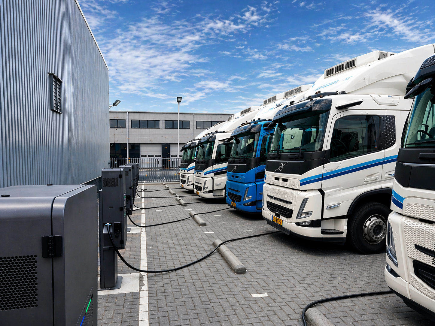 Lading parkeren met elektrische vrachtwagens die op laadpalen worden aangesloten op een oprit aan een industrieel gebouw.