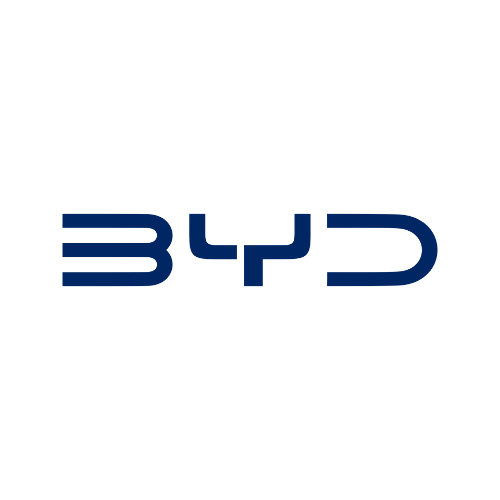 Logo van BYD met blauwe letters op een zwarte achtergrond.