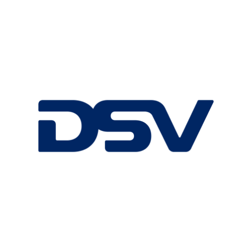 Logo van DSV met blauwe letters DSV op een zwarte achtergrond