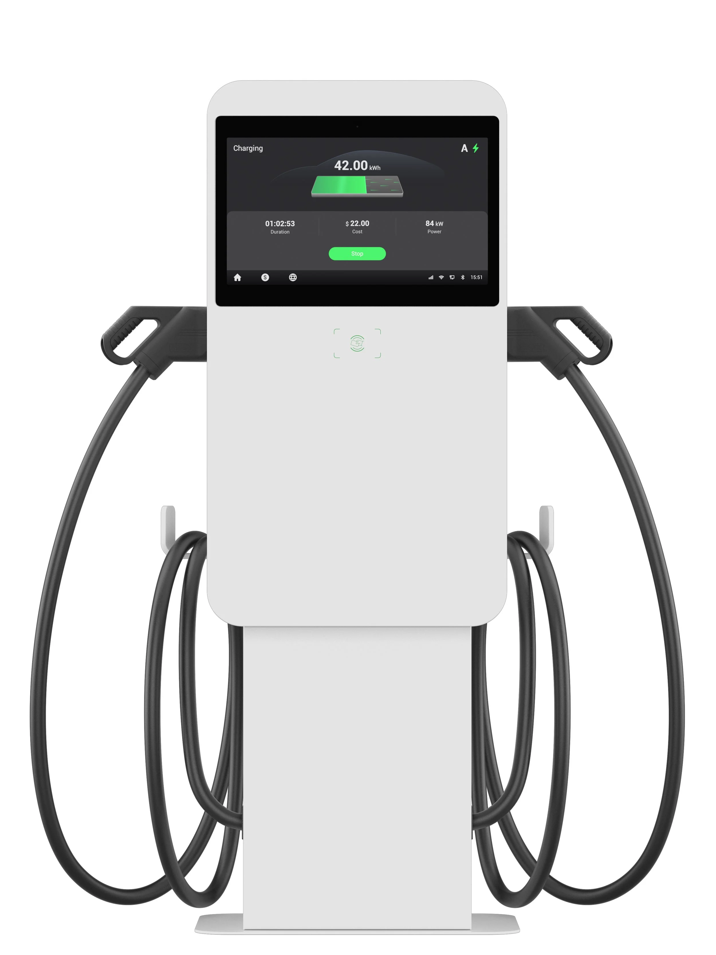 Elektrische laadpaal met scherm die laadstatus aangeeft, twee oplaadkabels en een witte behuizing.