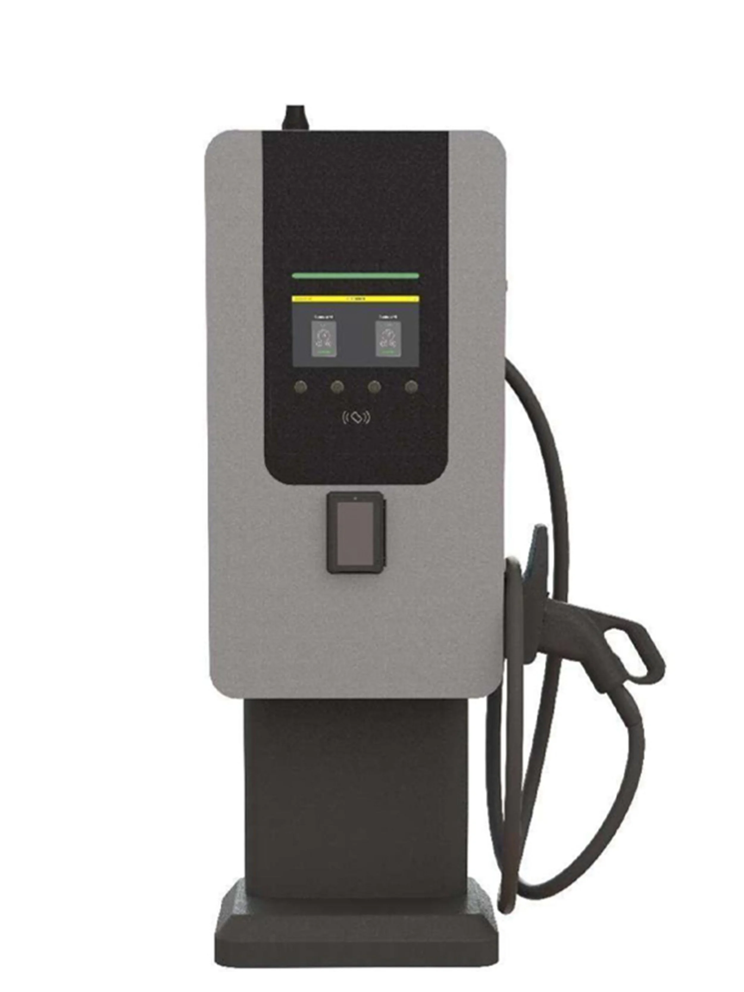 Elektrische laadpaal voor voertuigen met een scherm en kabels.