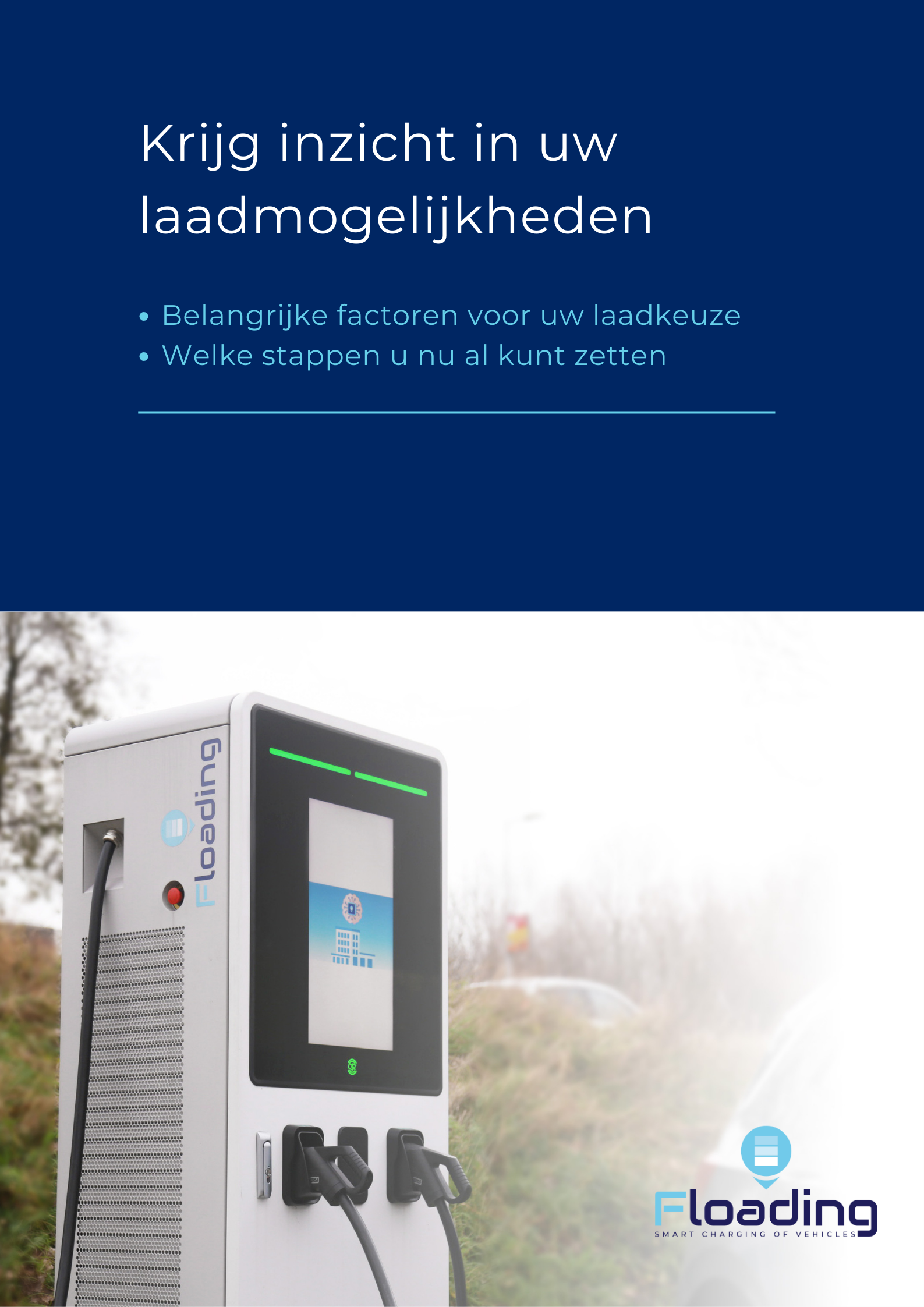 Een laadpaal voor elektrische voertuigen met meerdere oplaadkabels en een digitaal display, geplaatst buiten met een boom op de achtergrond.
