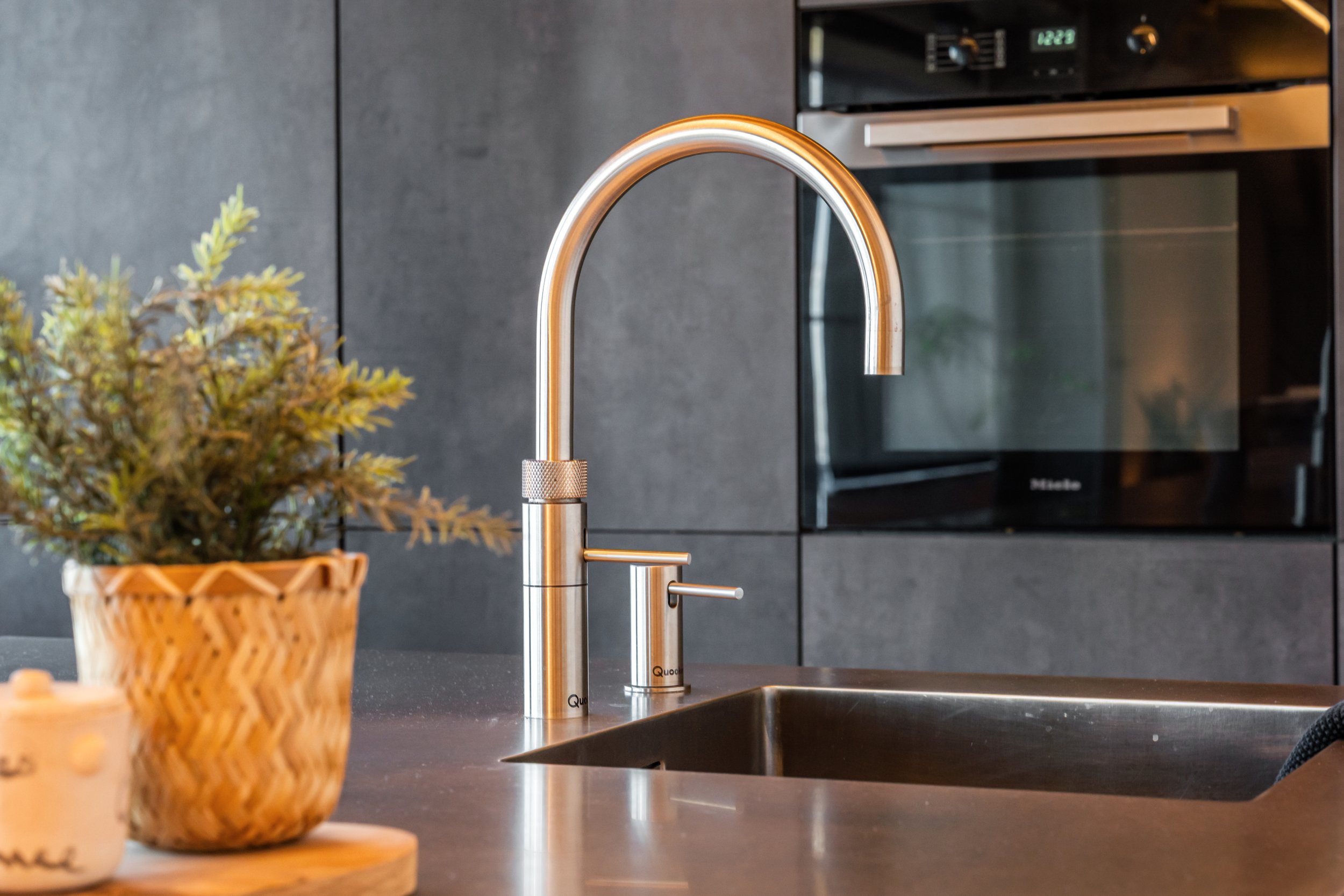Een modern keuken met een zilveren kraan boven een gootsteen, op de achtergrond een oven en een donkere muur. In de voorgrond een plantenpot met een groene plant.
