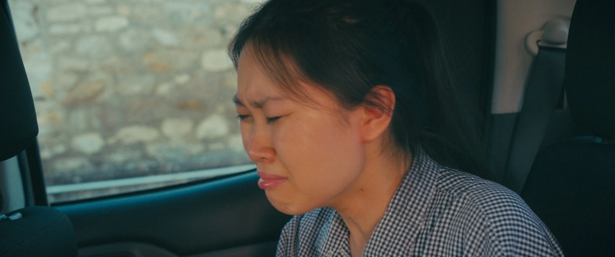 A woman sitting in a car with her eyes closed and a distressed expression, outdoors with a rocky background visible through the window.
