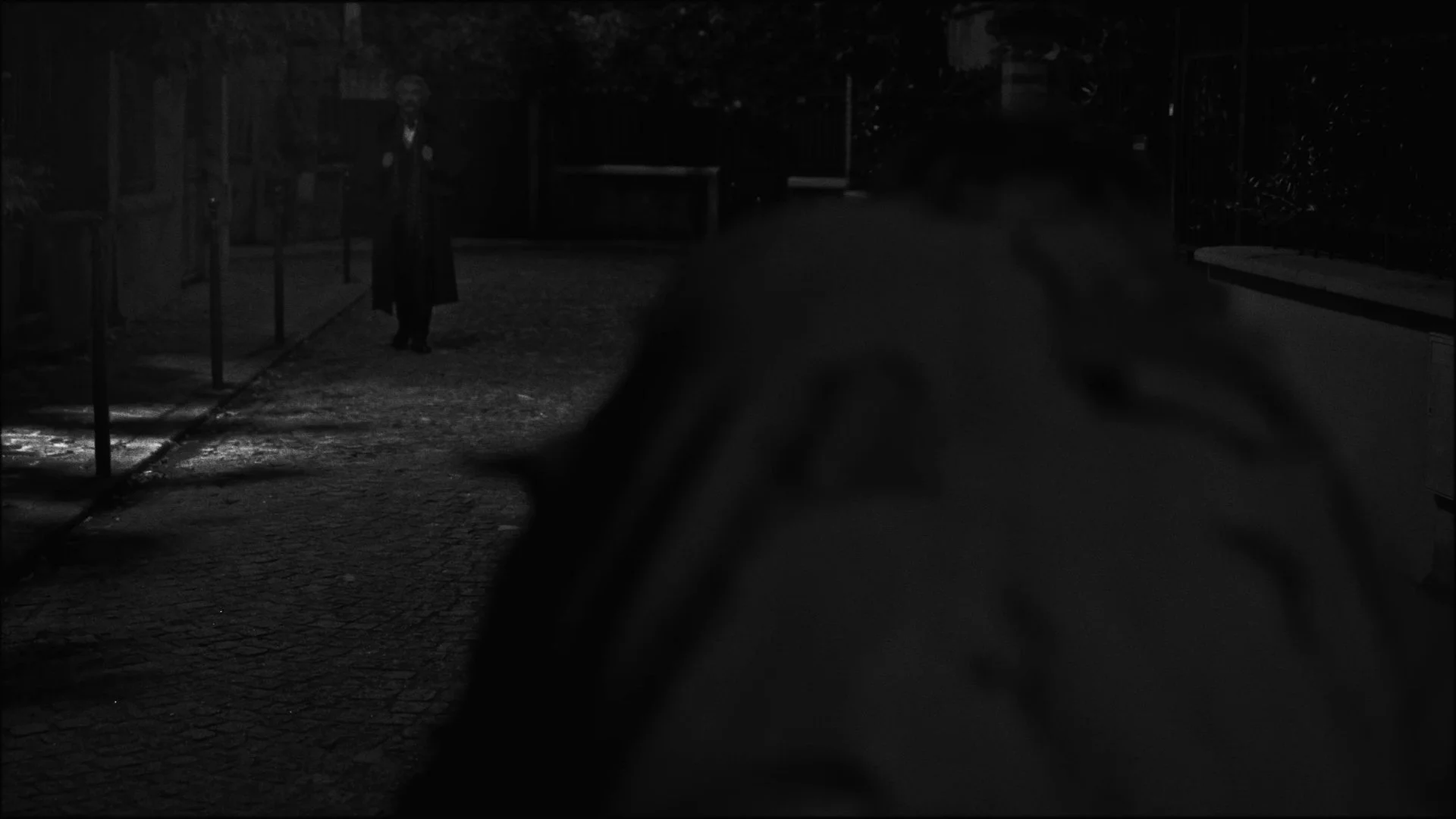 A person standing on a paved pathway at night, dressed in dark clothing, with trees and a fenced area in the background, illuminated by faint lighting.