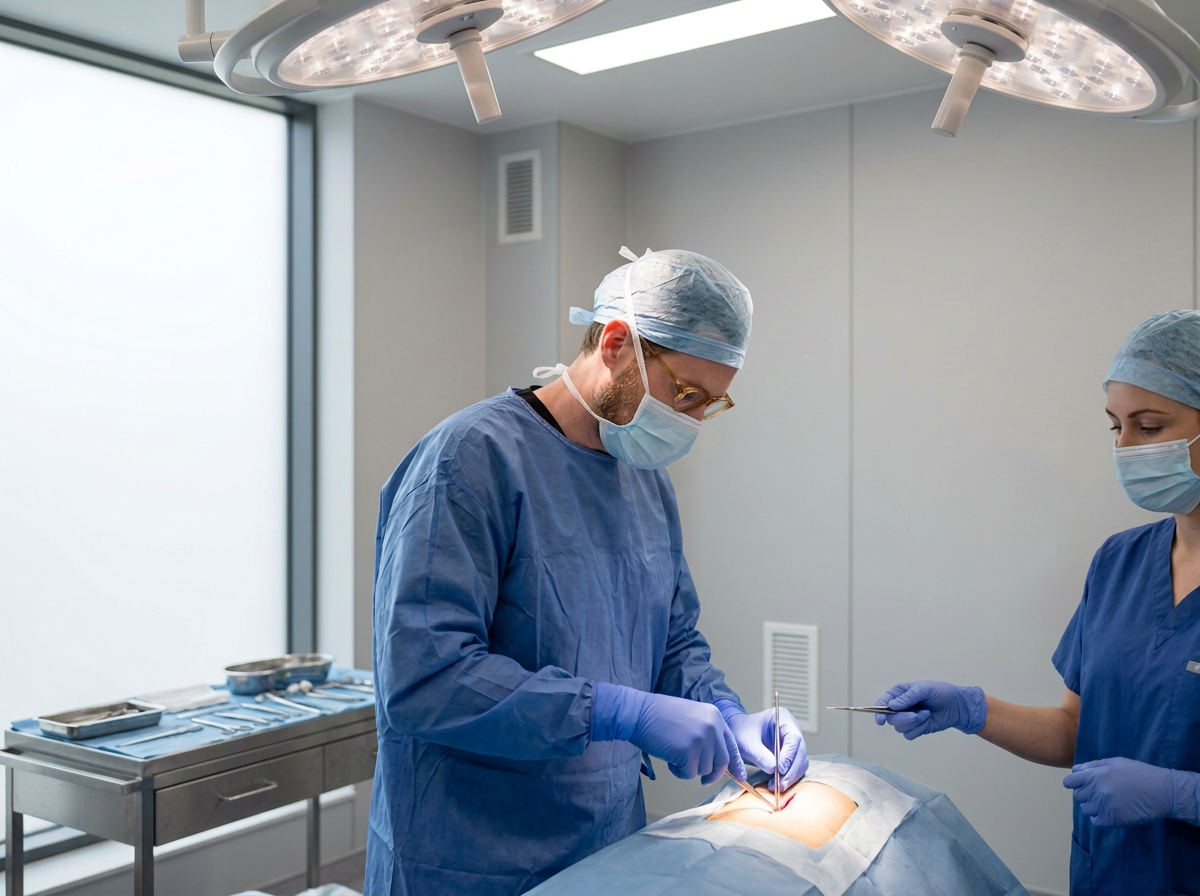Surgeon and nurse performing surgery in an operating room.