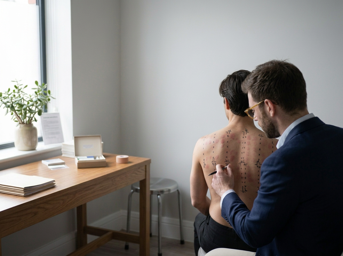 Consultant dermatologist interpreting patch test results for an allergic contact dermatitis eczema.