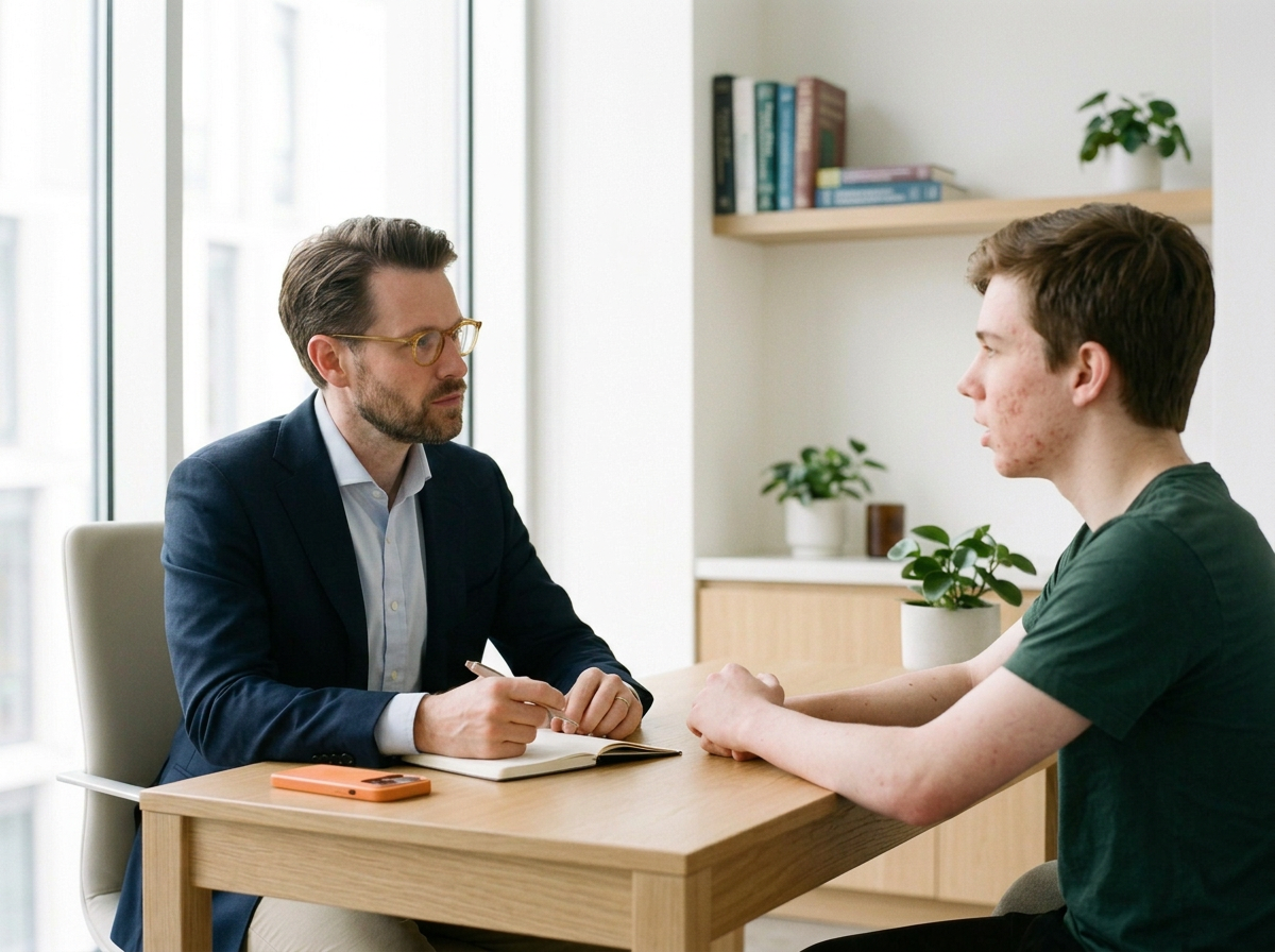 A young man with acne sitting across a desk from a male dermatologist or doctors or therapist during a consultation or therapy session in an office setting.