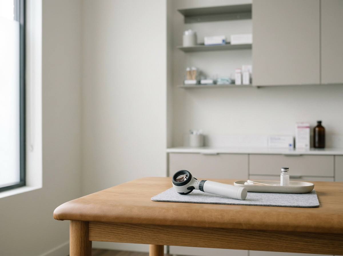 A massage therapy room with a wooden table, massage tools including a massage gun, and medical supplies on shelves in the background.
