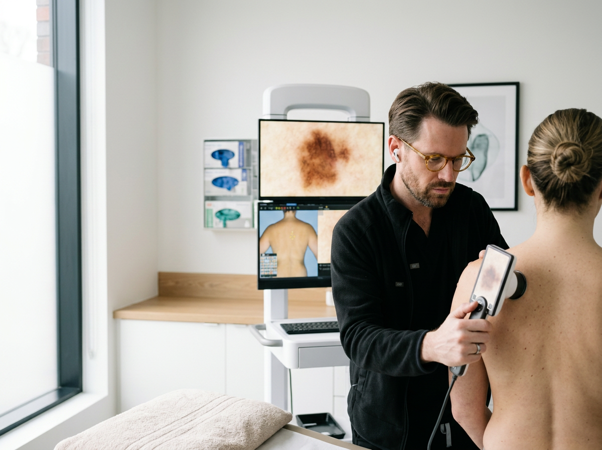 Doctor examining a patient with a dermatoscope in a medical office, with skin condition images on computer screens in the background.