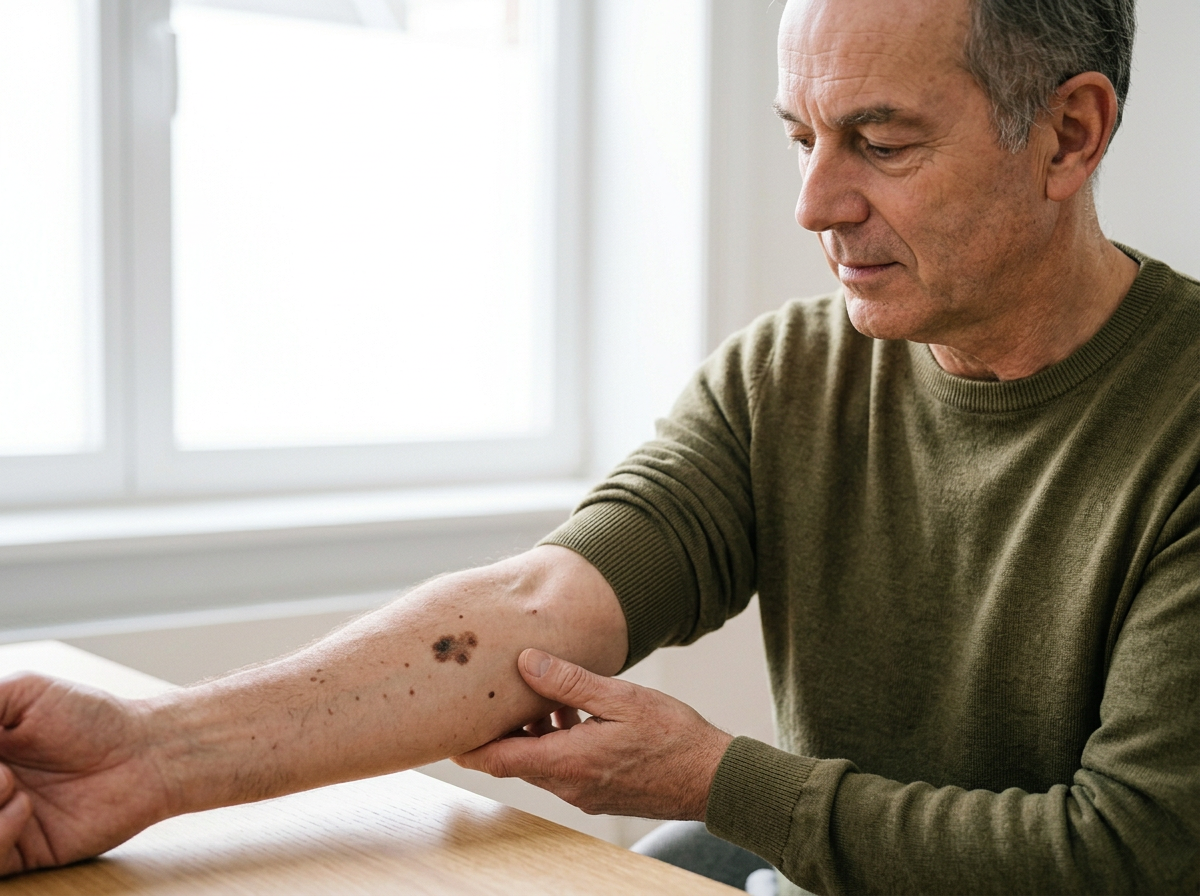 An older man with gray hair wearing a green long-sleeve shirt shows his forearm with moles and cancer on it, while a healthcare professional examines his arm in a clinical setting near a window.